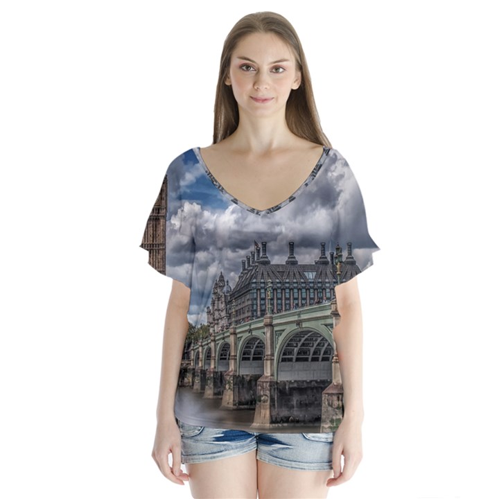 Architecture Big Ben Bridge Buildings V-Neck Flutter Sleeve Top