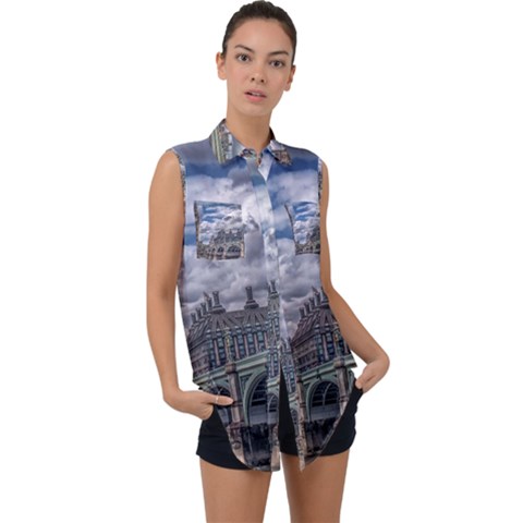 Architecture Big Ben Bridge Buildings Sleeveless Chiffon Button Shirt by Sudhe