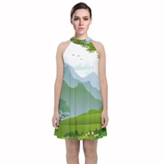 Forest Landscape Photography Illustration Velvet Halter Neckline Dress  by Sudhe