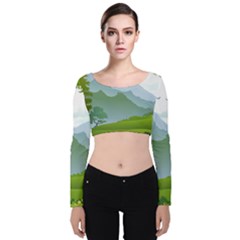 Forest Landscape Photography Illustration Velvet Long Sleeve Crop Top by Sudhe