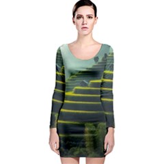 Scenic View Of Rice Paddy Long Sleeve Bodycon Dress by Sudhe