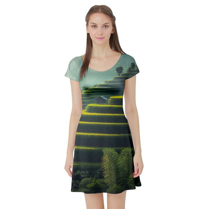 Scenic View Of Rice Paddy Short Sleeve Skater Dress