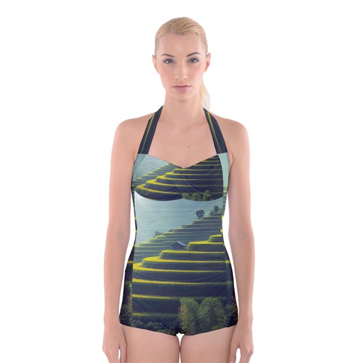 Scenic View Of Rice Paddy Boyleg Halter Swimsuit 