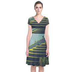 Scenic View Of Rice Paddy Short Sleeve Front Wrap Dress by Sudhe