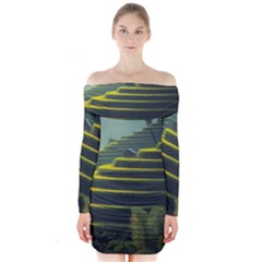 Scenic View Of Rice Paddy Long Sleeve Off Shoulder Dress by Sudhe