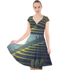 Scenic View Of Rice Paddy Cap Sleeve Front Wrap Midi Dress by Sudhe