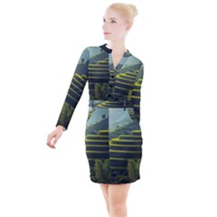 Scenic View Of Rice Paddy Button Long Sleeve Dress