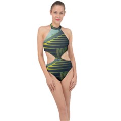 Scenic View Of Rice Paddy Halter Side Cut Swimsuit