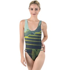 Scenic View Of Rice Paddy High Leg Strappy Swimsuit by Sudhe