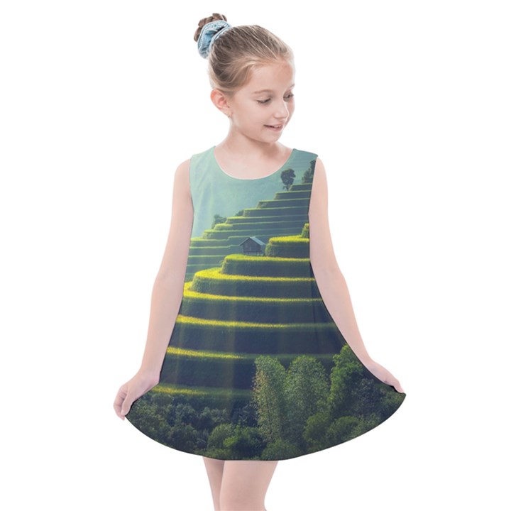 Scenic View Of Rice Paddy Kids  Summer Dress