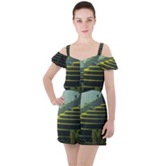 Scenic View Of Rice Paddy Ruffle Cut Out Chiffon Playsuit by Sudhe