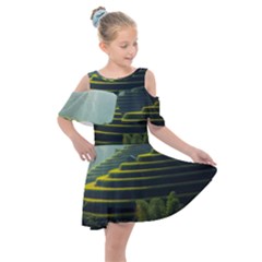 Scenic View Of Rice Paddy Kids  Shoulder Cutout Chiffon Dress