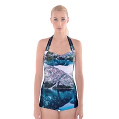 Daylight Forest Glossy Lake Boyleg Halter Swimsuit  by Sudhe