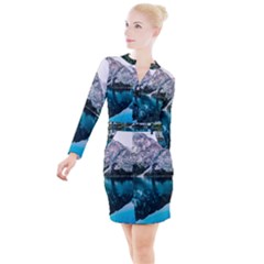 Daylight Forest Glossy Lake Button Long Sleeve Dress by Sudhe