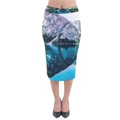 Daylight Forest Glossy Lake Velvet Midi Pencil Skirt by Sudhe