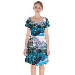 Daylight Forest Glossy Lake Short Sleeve Bardot Dress by Sudhe