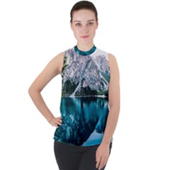 Daylight Forest Glossy Lake Mock Neck Chiffon Sleeveless Top