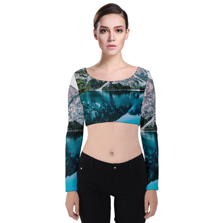 Daylight Forest Glossy Lake Velvet Long Sleeve Crop Top