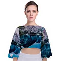 Daylight Forest Glossy Lake Tie Back Butterfly Sleeve Chiffon Top