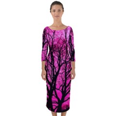 Pink Silhouette Tree Quarter Sleeve Midi Bodycon Dress