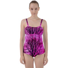 Pink Silhouette Tree Twist Front Tankini Set by Sudhe