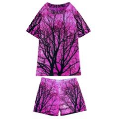 Pink Silhouette Tree Kids  Swim Tee And Shorts Set