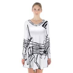 Line Art Drawing Ancient Chariot Long Sleeve Velvet V-neck Dress