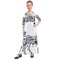 Line Art Drawing Ancient Chariot Kids  Quarter Sleeve Maxi Dress