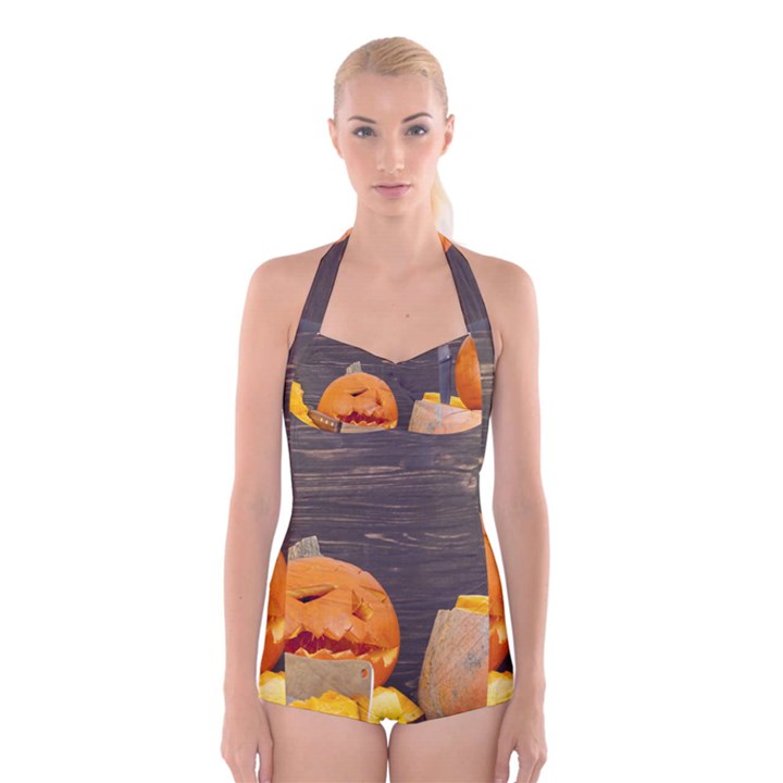 Old crumpled pumpkin Boyleg Halter Swimsuit 