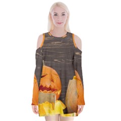 Old Crumpled Pumpkin Velvet Long Sleeve Shoulder Cutout Dress