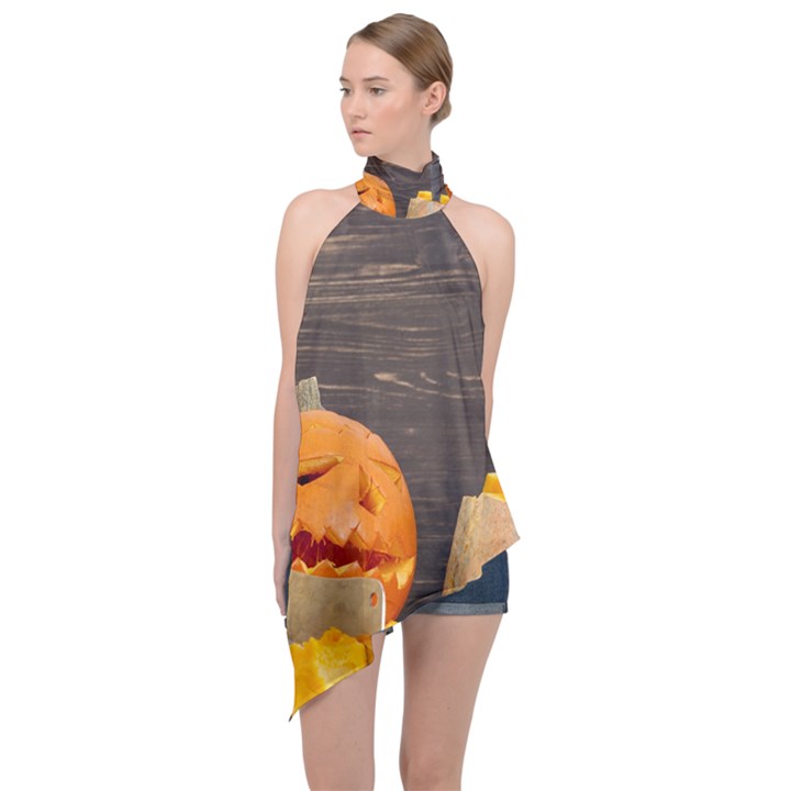 Old crumpled pumpkin Halter Asymmetric Satin Top