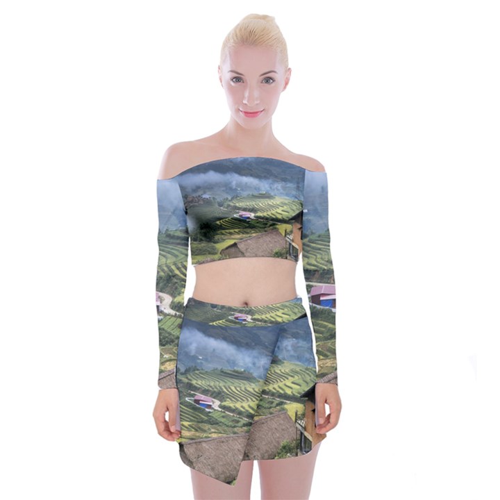 Rock Scenery The H Mong People Home Off Shoulder Top with Mini Skirt Set