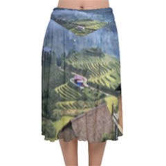 Rock Scenery The H Mong People Home Velvet Flared Midi Skirt by Sudhe