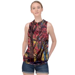 Autumn Colorful Nature Trees High Neck Satin Top