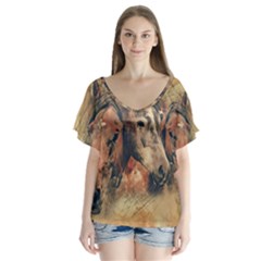 Head Horse Animal Vintage V-neck Flutter Sleeve Top by Sudhe