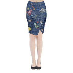 Cat Cosmos Cosmonaut Rocket Midi Wrap Pencil Skirt by Sudhe