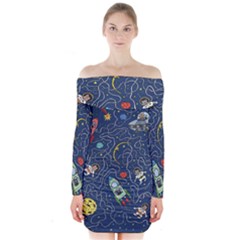 Cat Cosmos Cosmonaut Rocket Long Sleeve Off Shoulder Dress by Sudhe