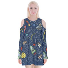 Cat Cosmos Cosmonaut Rocket Velvet Long Sleeve Shoulder Cutout Dress by Sudhe