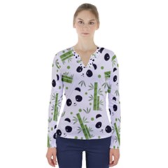 Giant Panda Bear Bamboo Icon Green Bamboo V-neck Long Sleeve Top by Sudhe