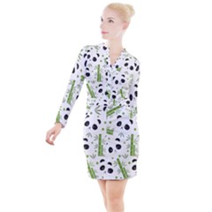 Giant Panda Bear Bamboo Icon Green Bamboo Button Long Sleeve Dress by Sudhe