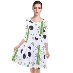 Giant Panda Bear Bamboo Icon Green Bamboo Quarter Sleeve Waist Band Dress by Sudhe