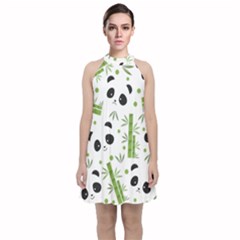 Giant Panda Bear Bamboo Icon Green Bamboo Velvet Halter Neckline Dress  by Sudhe