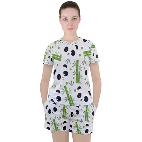 Giant Panda Bear Bamboo Icon Green Bamboo Women s Tee And Shorts Set by Sudhe