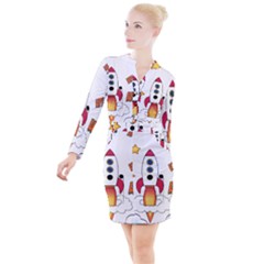 Rocket Cartoon Button Long Sleeve Dress by Sudhe