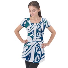 Blue Vector Car Puff Sleeve Tunic Top