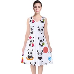 Giant Panda Bear Cuteness V-neck Midi Sleeveless Dress  by Sudhe