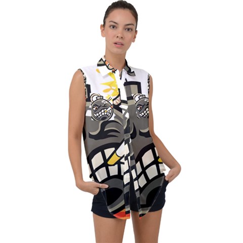 Smoking Cartoon Evil Bomb Cartoon Sleeveless Chiffon Button Shirt by Sudhe