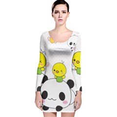 Giant Panda Red Panda Cartoon Drawing Long Sleeve Velvet Bodycon Dress by Sudhe