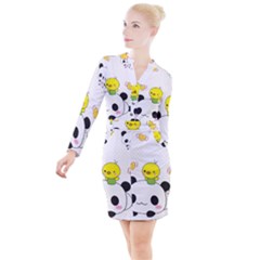 Giant Panda Red Panda Cartoon Drawing Button Long Sleeve Dress by Sudhe