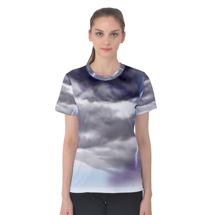 Thunder And Lightning Weather Clouds Painted Cartoon Women s Cotton Tee